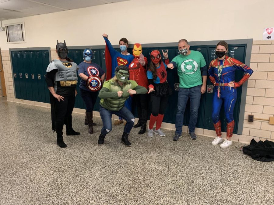 Eighth grade teachers are real superheroes pictured here dressed for Halloween.