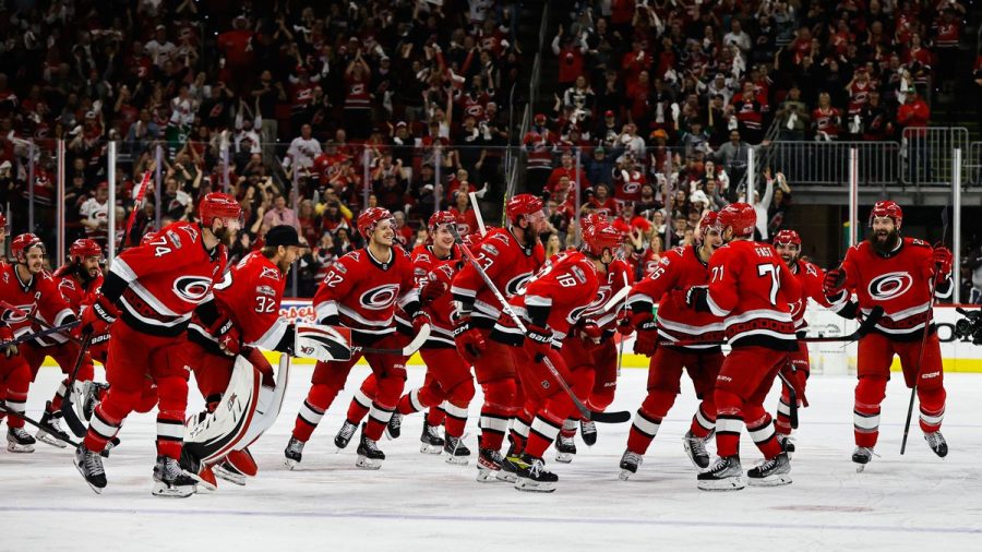 The+Carolina+Hurricanes+celebrate+their+series+clinching+3-2+win+over+the+Devils.