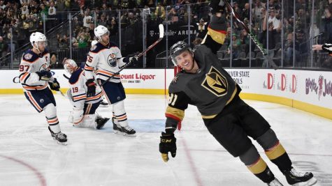 Vegas forward Jonathan Marchessault celebrates a goal against the Edmonton Oilers. Marchessault has been with the team from day one and is the franchises all time points leader. 