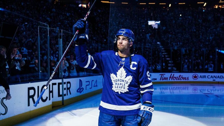 John Tavares waves to the crowd at Scotiabank Arena in Toronto.