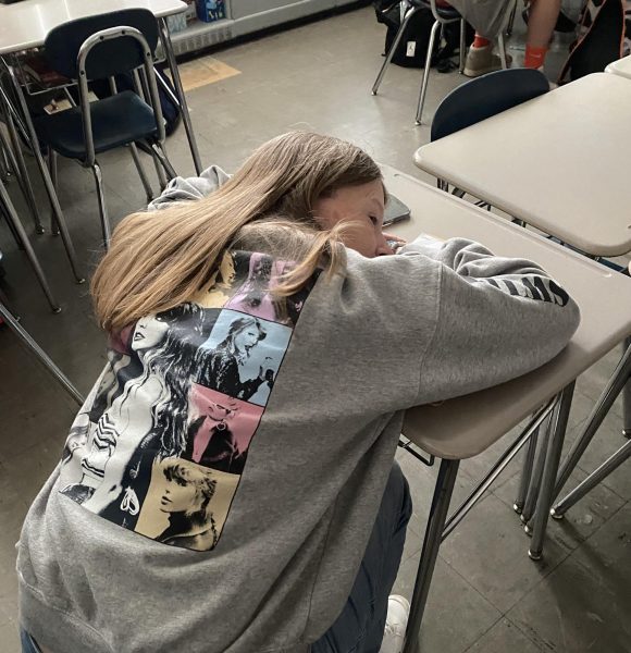 ELA teacher Mrs. Kimberly Swenson is sleepy because she stayed up until 2 am for the Taylor Swift album release!