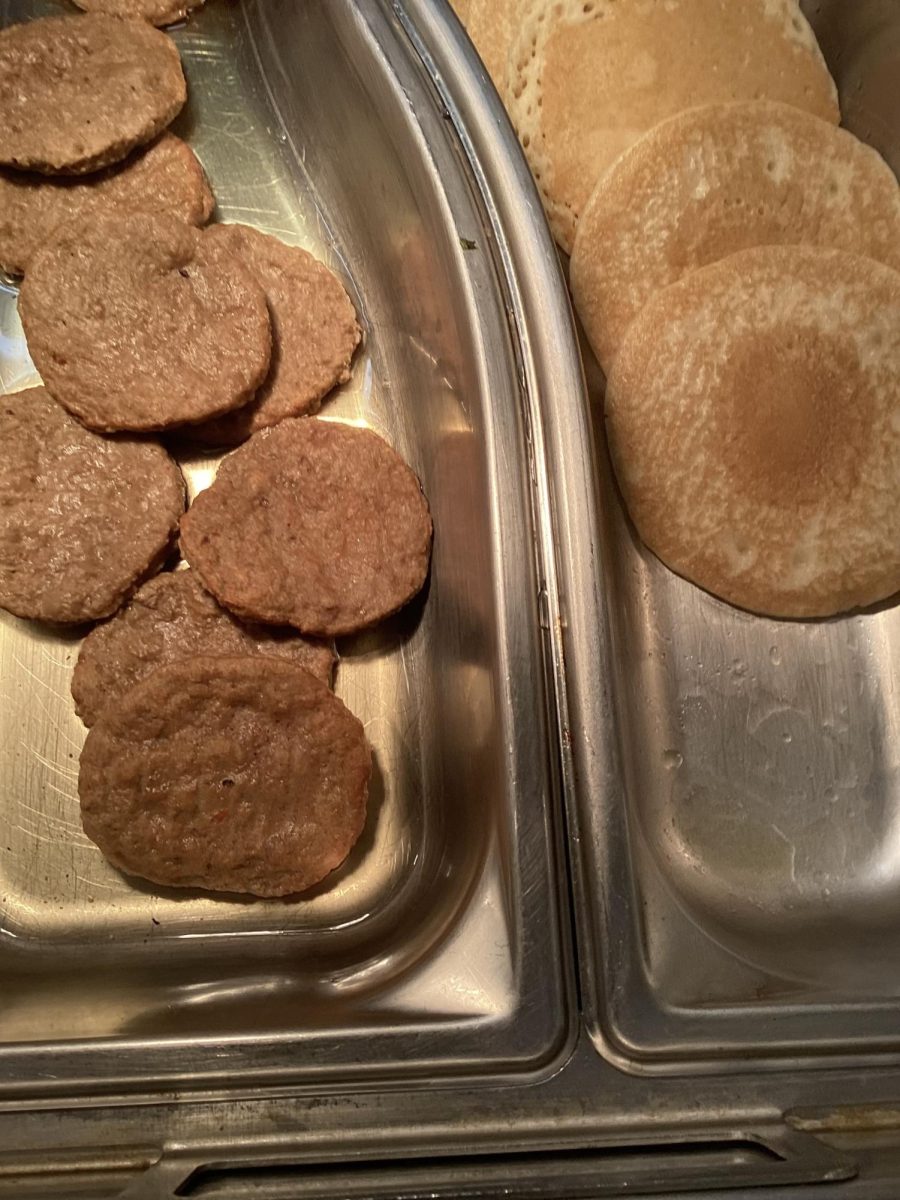 This sausage patty and pancake breakfast for lunch is a common menu item in the EIS cafeteria. 