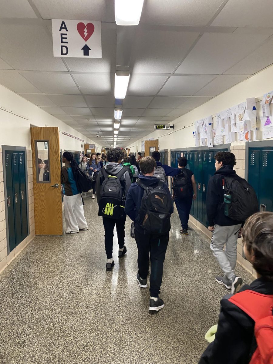 This is a view of the EIS downstairs hallway when students are walking to class. Maybe a 15 break would give students more time and room to walk around the building. 