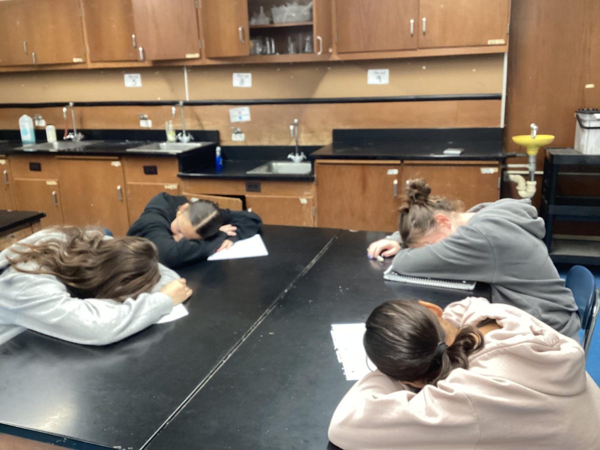 Seventh graders in an early science class pretend to be sleeping due to EIS early start time. 