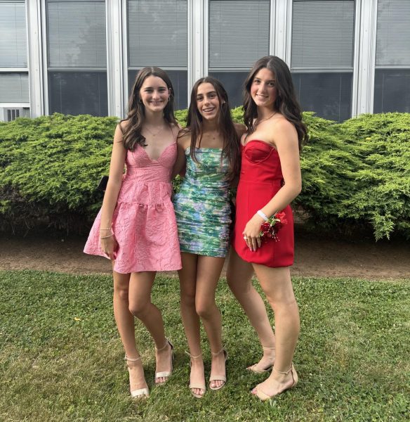 Last year's eighth graders Fiona Brown, Sadie Soriero, and Nicole DiMattina posing in front of EIS before the dance. 