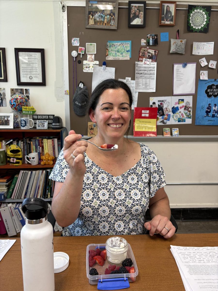 Eighth grade ELA teacher Mrs. Erin Meade tries to eat healthy foods all day. Here, she is eating berries and cottage cheese. 