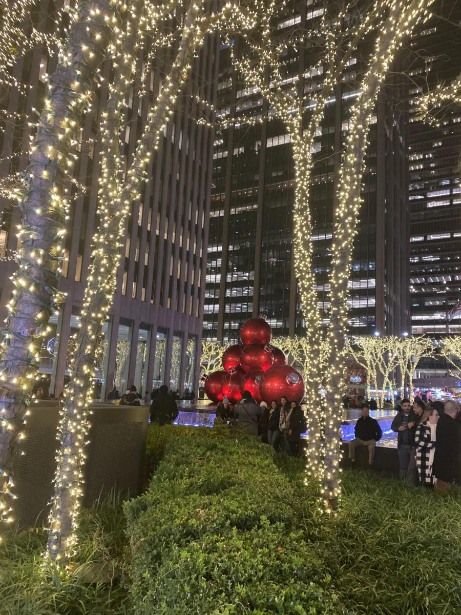 This scene is by Rockefeller Center across from Radio City Music Hall in New York City during the holidays. The decorations bring much magic. 