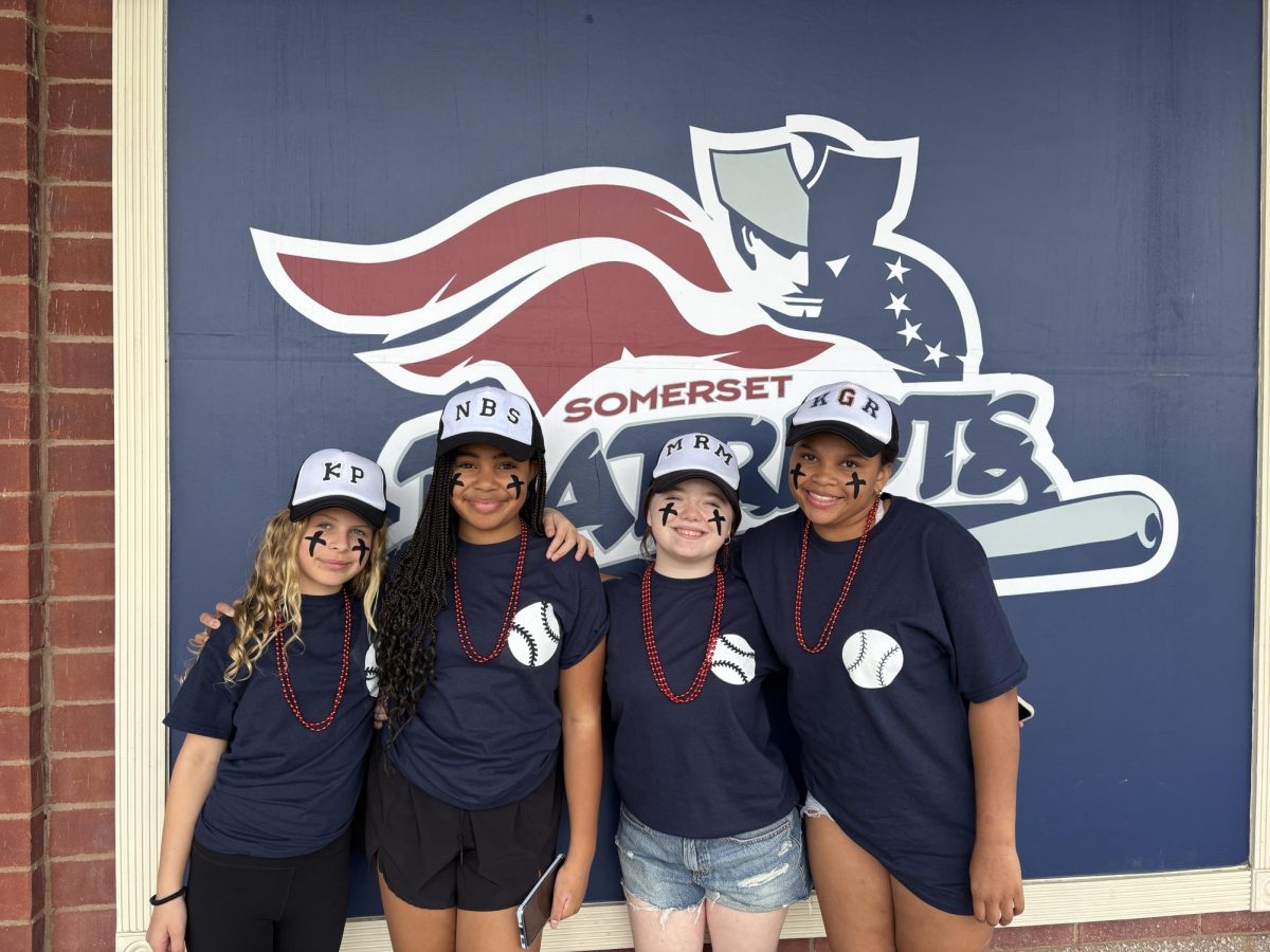 Sixth graders Kaya Perlak, Naima Singleton, Mia Madden, and Kenzie Redding recently attended a Somerset Patriots game field trip led by Physical Education teacher Mrs. Corinne Varhley. 