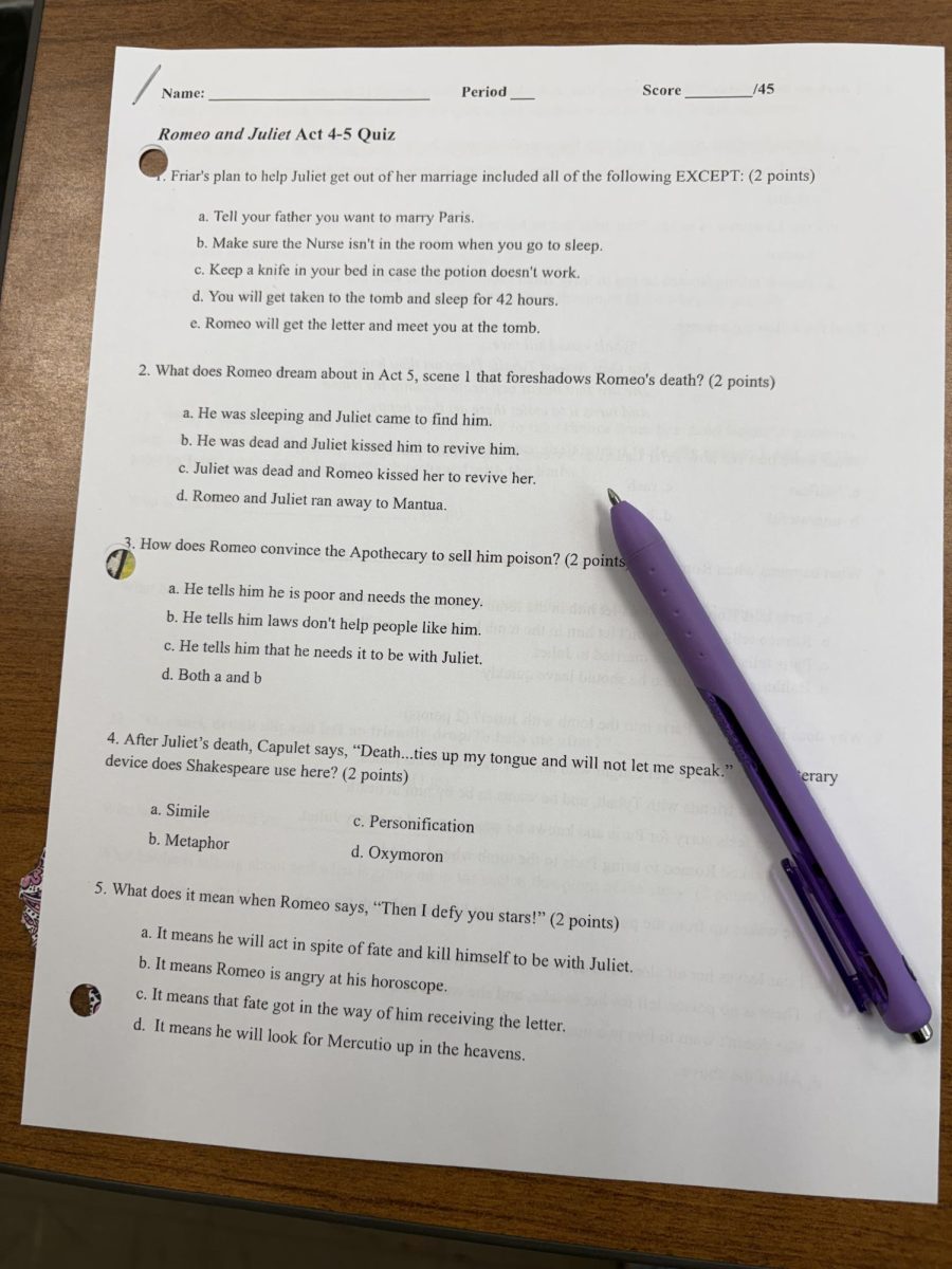 Some students claim having tests and quizzes on Mondays makes their weekends feel sad. Here is a Romeo and Juliet quiz given by Mrs. Swenson and Mrs. Meade last week. 